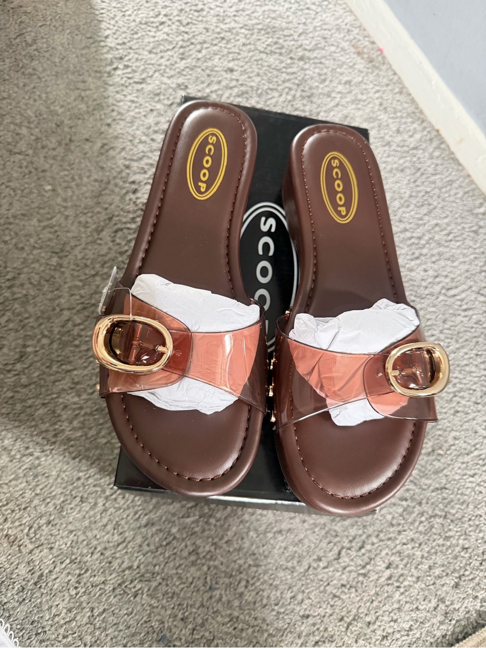 Scoop Women’s Brown Slide Sandals with Gold Buckle